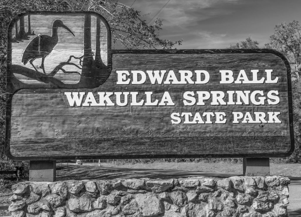 Edward Ball Wakulla Springs State Park entrance sign, Florida in black white