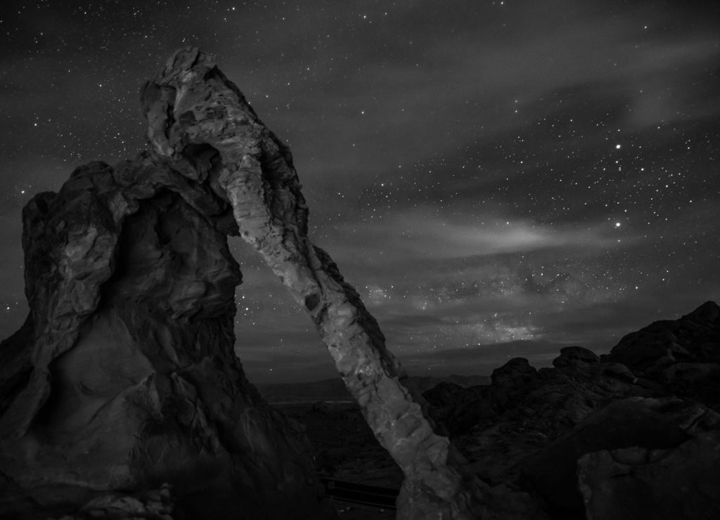 Elephant Rock at night Valley of Fire Nevada in black white