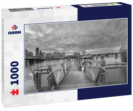 Portland Skyline along Willamette River by the Pier, Oregon in black white