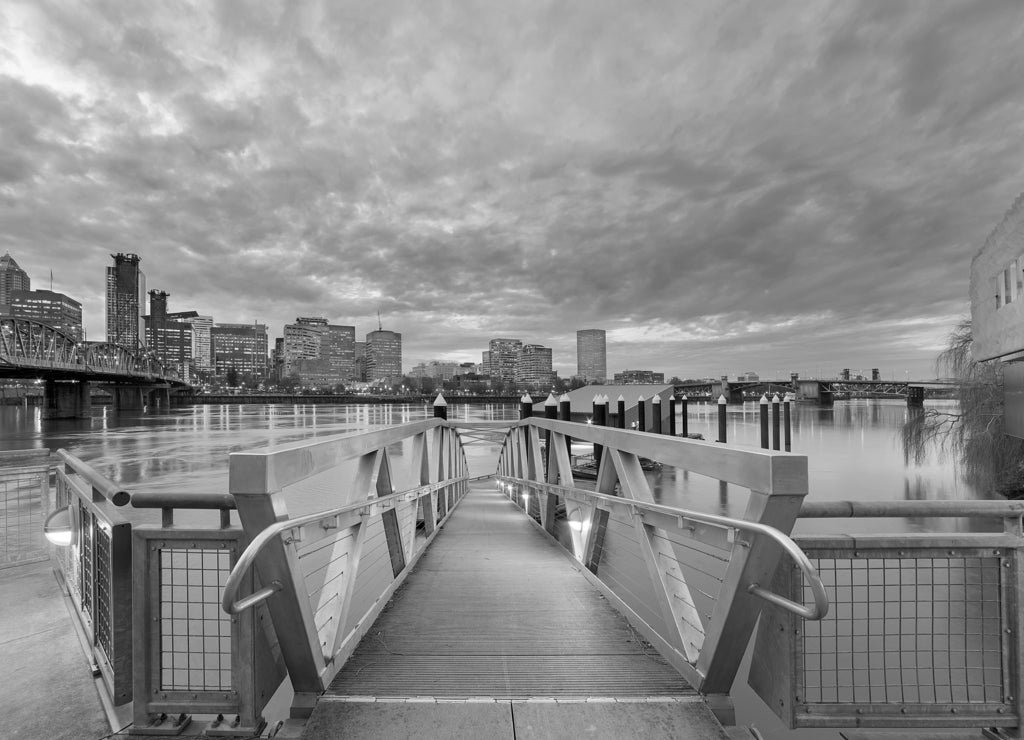 Portland Skyline along Willamette River by the Pier, Oregon in black white