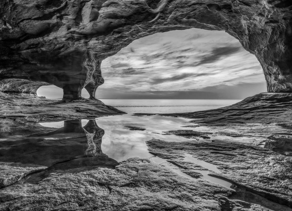 Lake Superior Sea Cave, Michigan in black white