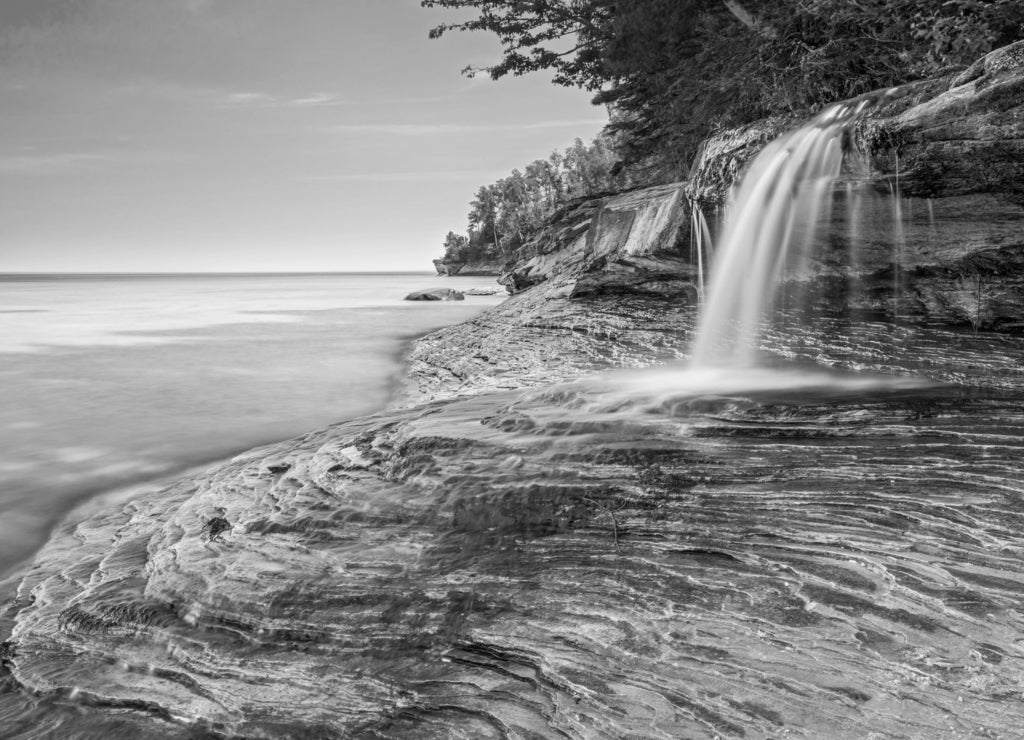 Elliot Falls, Miners Beach, Pictured Rocks National Lakeshore, Michigan in black white