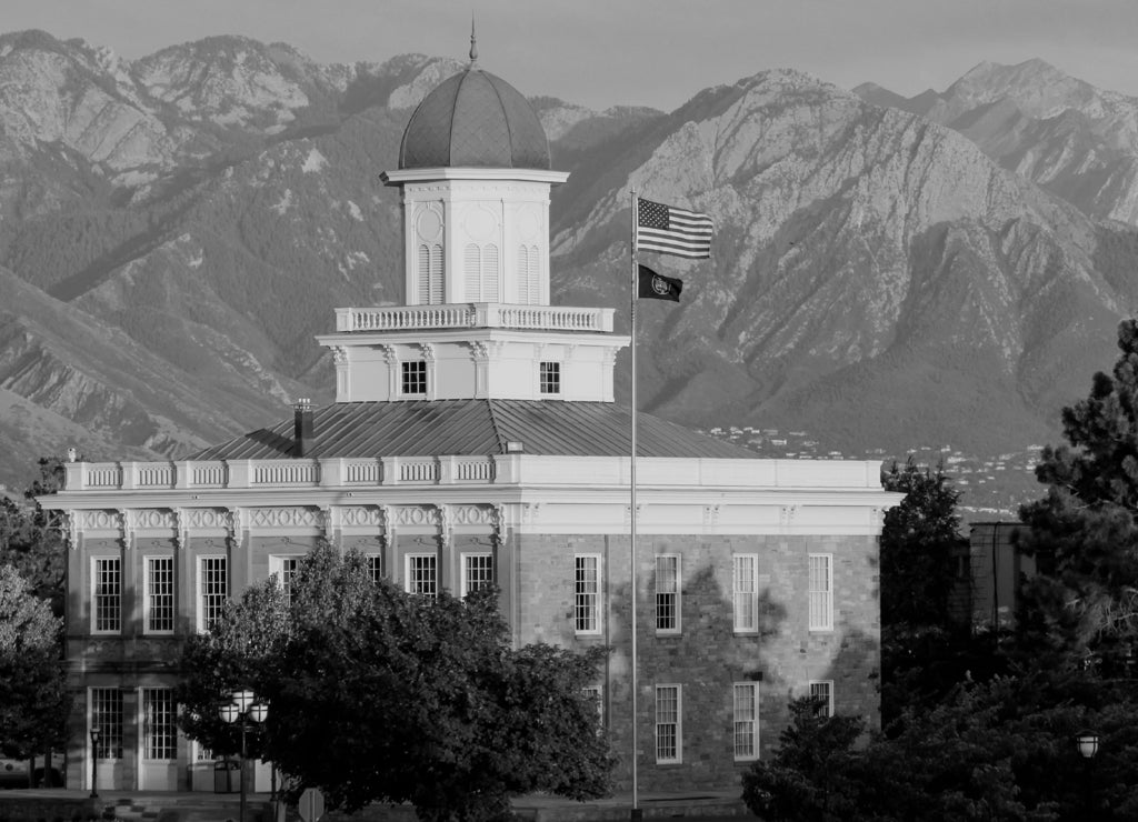 Salt Lake City counsil Hall with warm evening light, Utah in black white