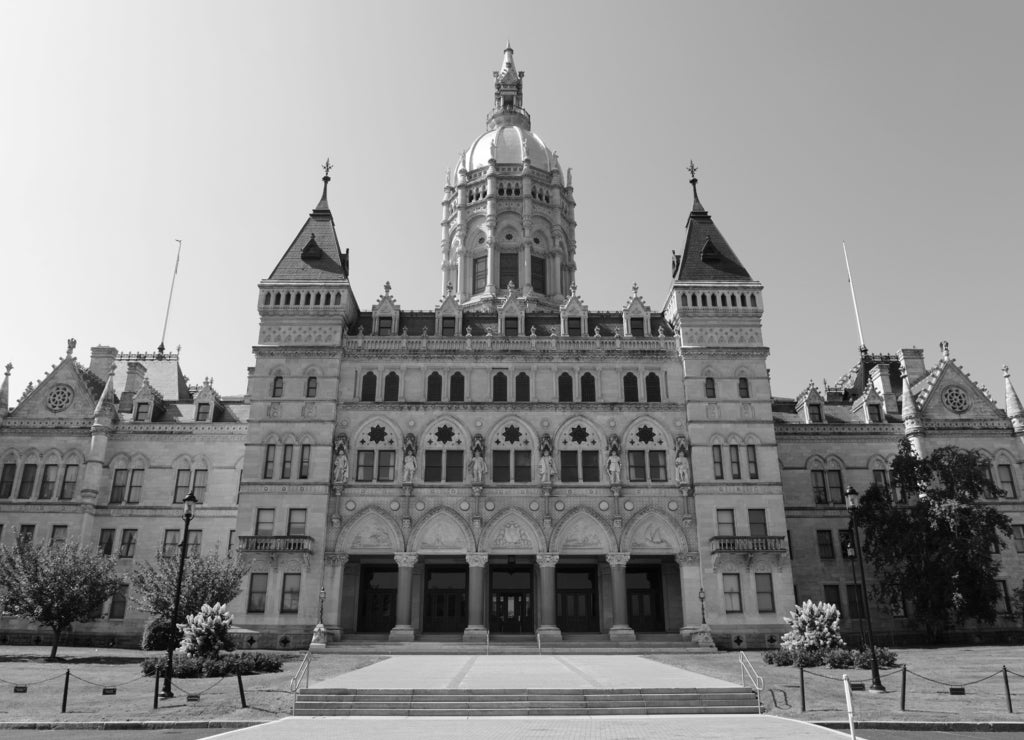 Connecticut State Capitol, Hartford, Connecticut, USA. This building was designed by Richard Upjohn with Victorian Gothic Revival style in 1872 in black white