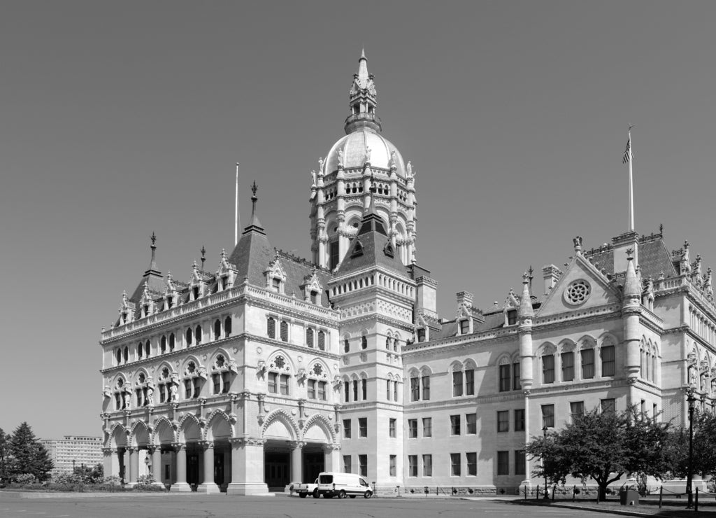 Connecticut State Capitol, Hartford, Connecticut, USA. This building was designed by Richard Upjohn with Victorian Gothic Revival style in 1872 in black white