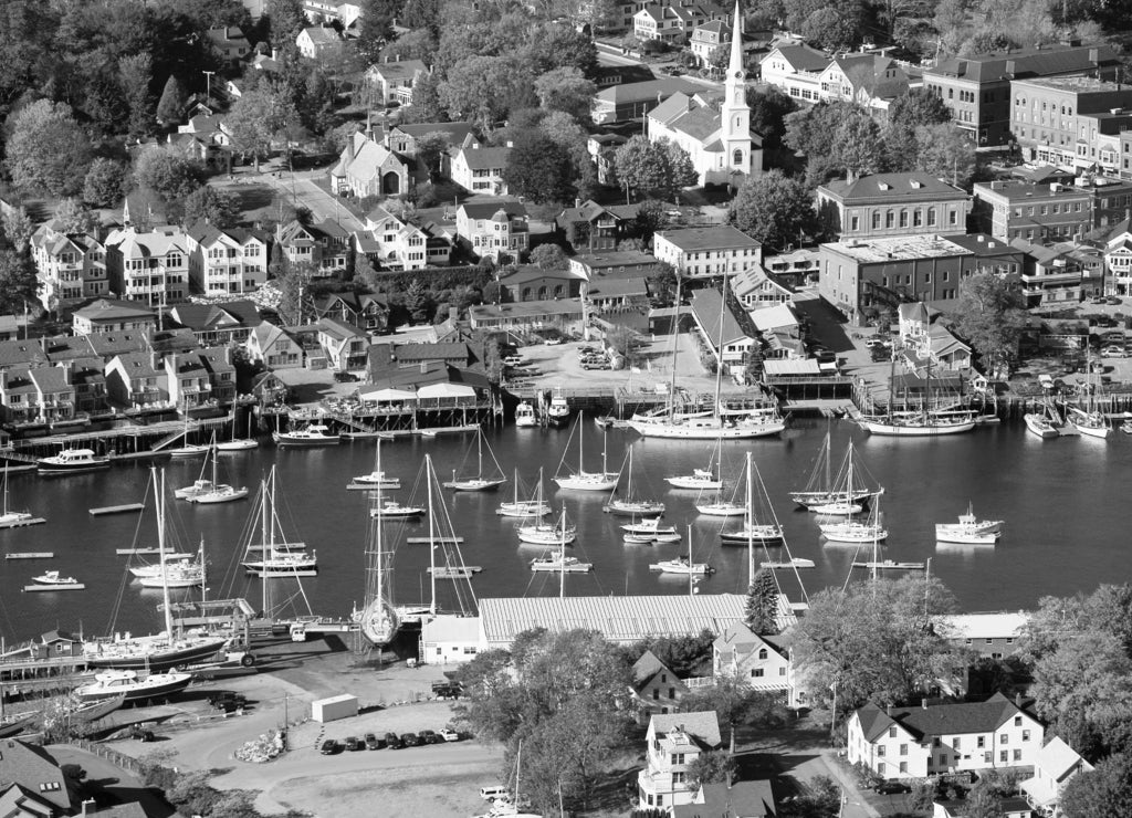 Bar Harbor in autumn aerial view, Maine in black white