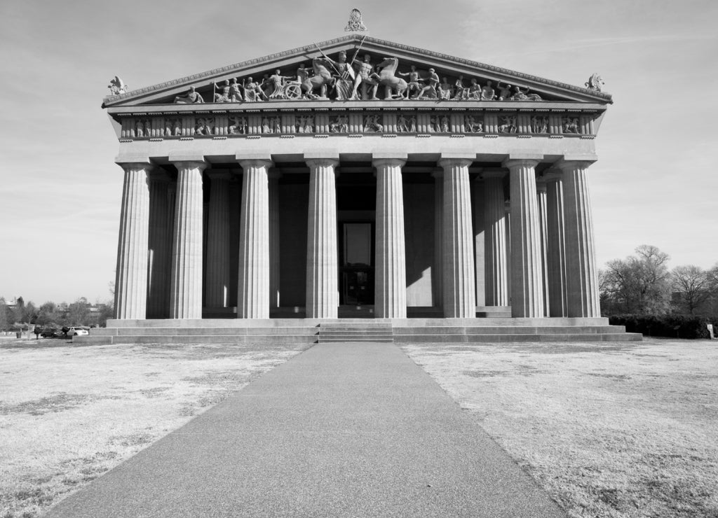 The Parthenon, Nashville, Tennessee, Centennial park, Full scale replica of Greek Parthenon at sunset in black white