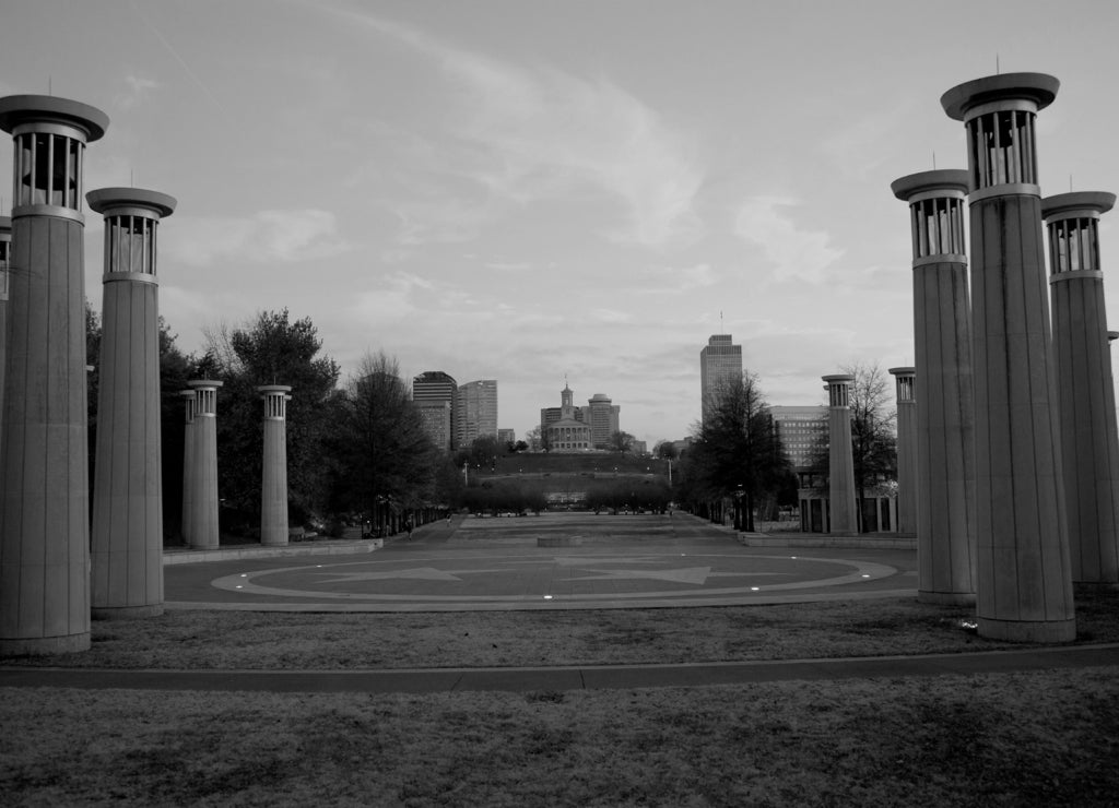 Colonnade in a park, 95 Bell Carillons, Bicentennial Mall State Park, Nashville, Davidson County, Tennessee in black white