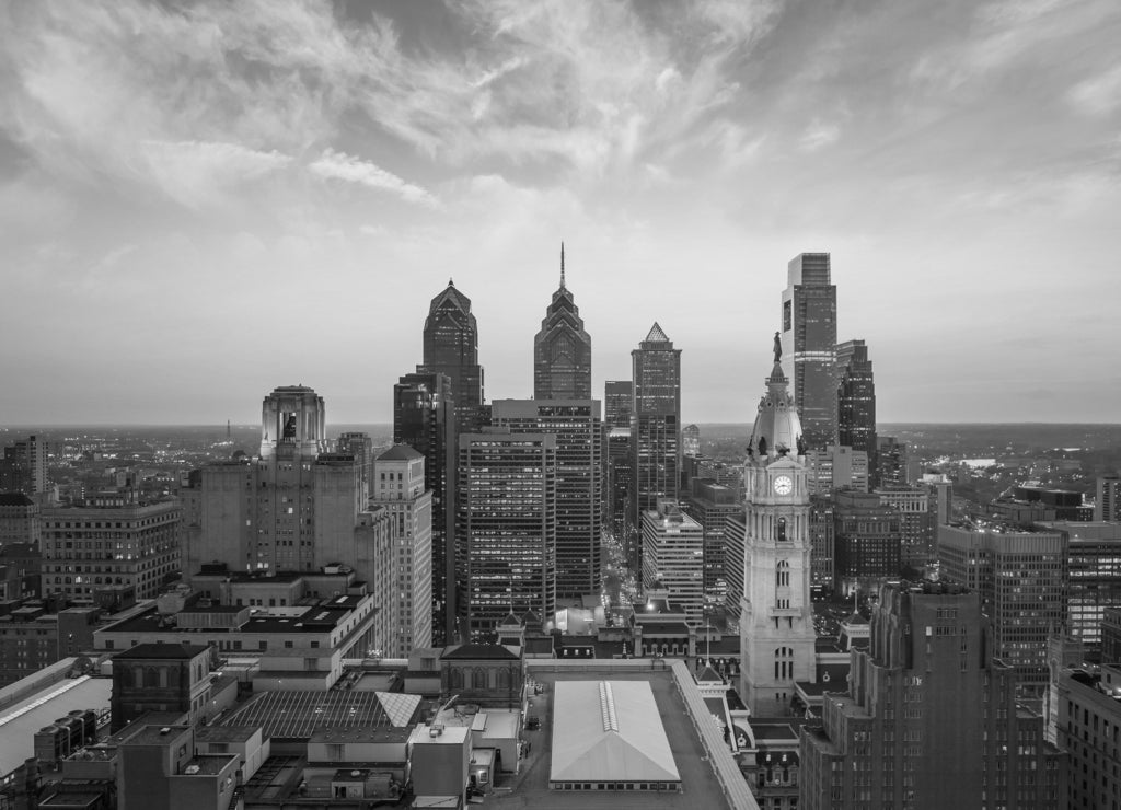 Skyline of downtown Philadelphia in black white