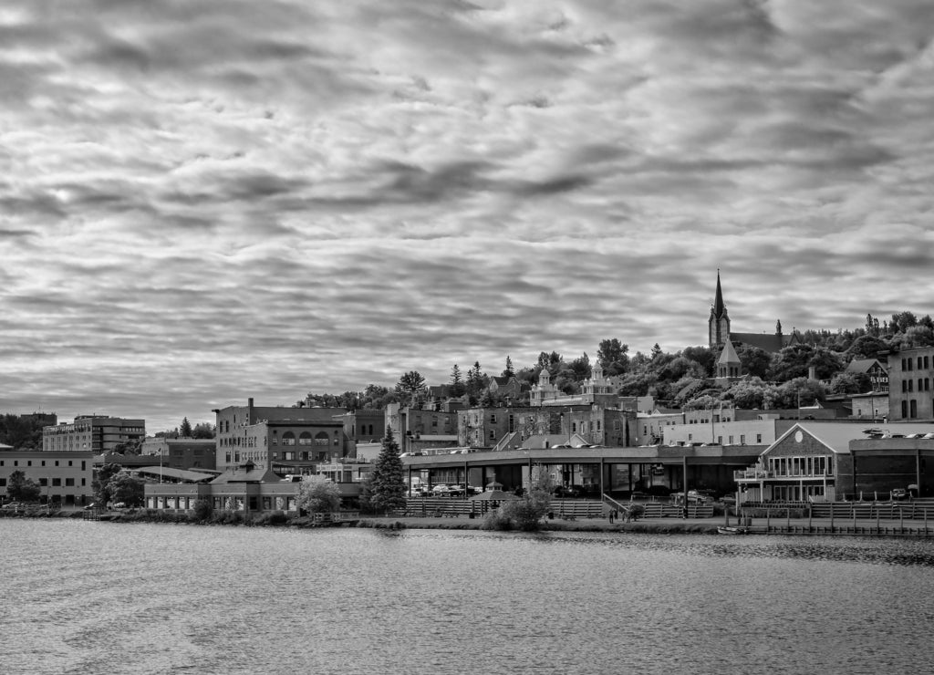 A water front Panoramic view of Houghton, Michigan, USA in black white