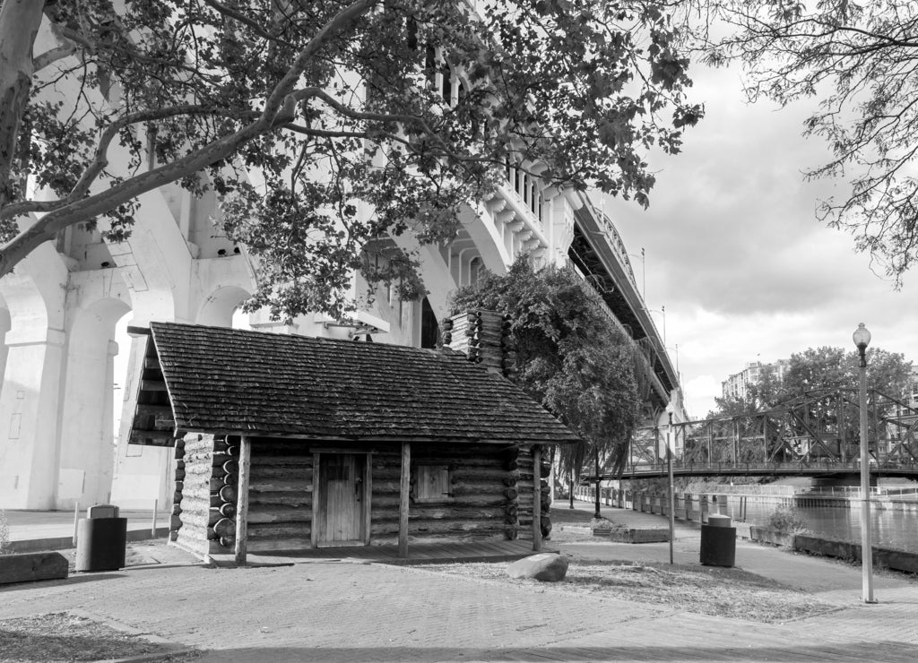 Cleveland Heritage Park with a replica of the first log cabin built in the city, then a frontier settlement, Ohio in black white