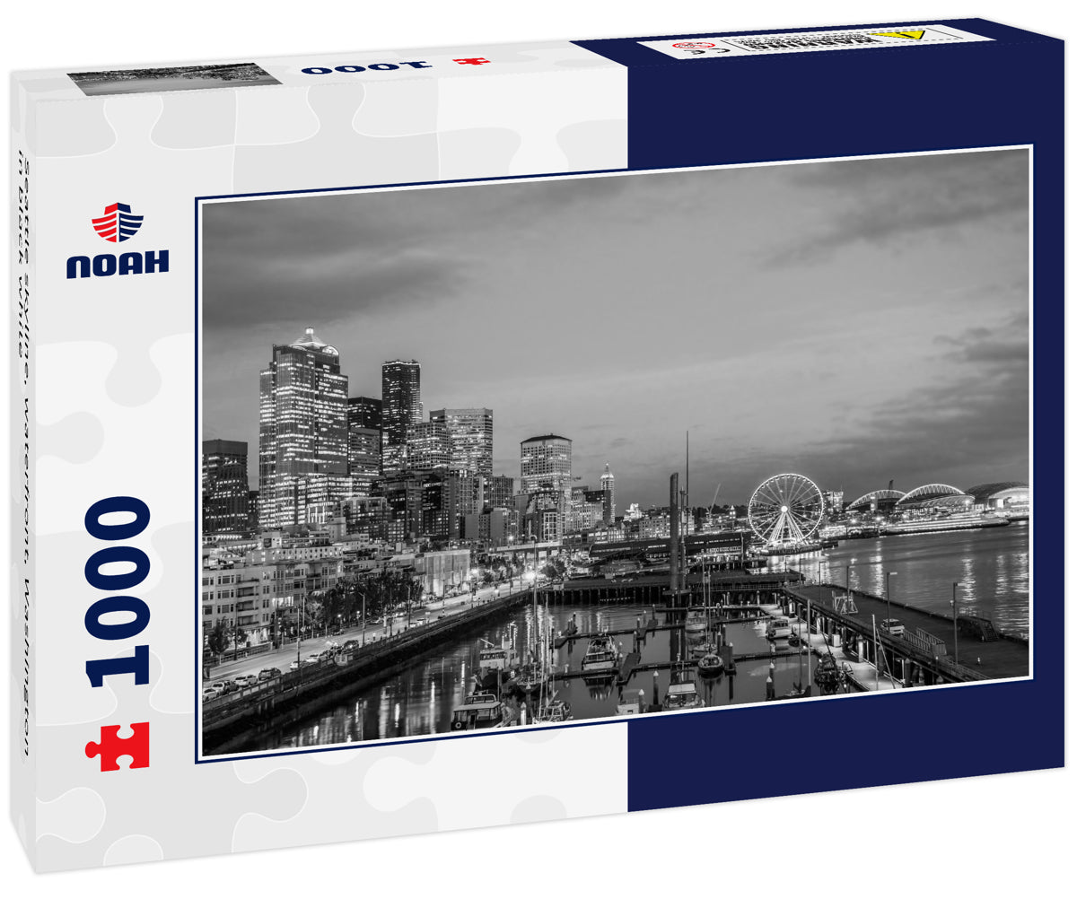 Seattle skyline, waterfront, Washington in black white