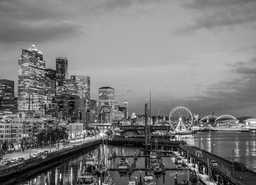 Seattle skyline, waterfront, Washington in black white