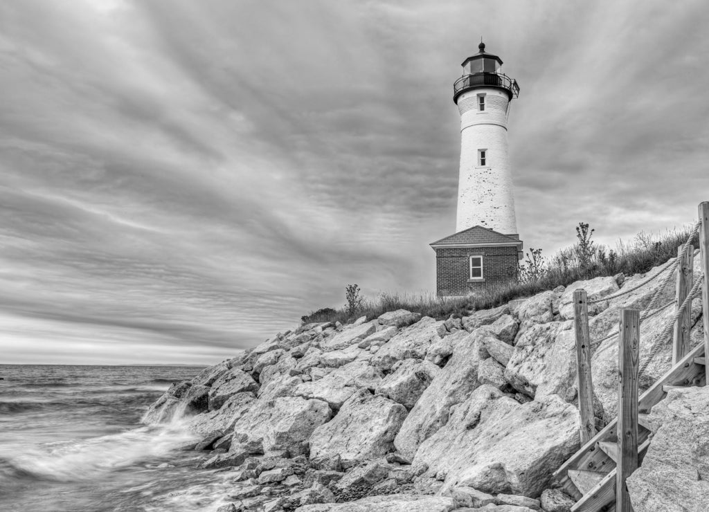 Dark Day at Crisp Point Lighthouse, Lake Superior, Michigan in black white