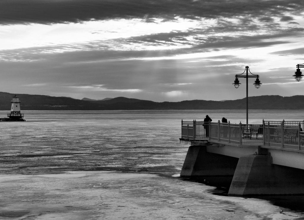 Frozen Sunset / Sunset on Lake Champlain in Burlington, Vermont in black white