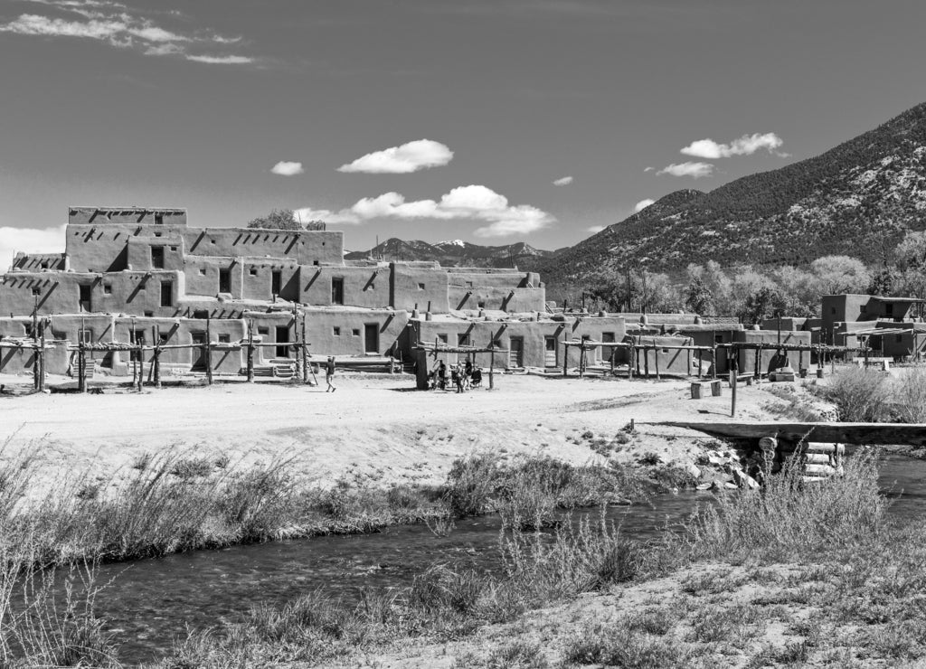 U.S.A., New Mexico, the Taos native pueblo in black white