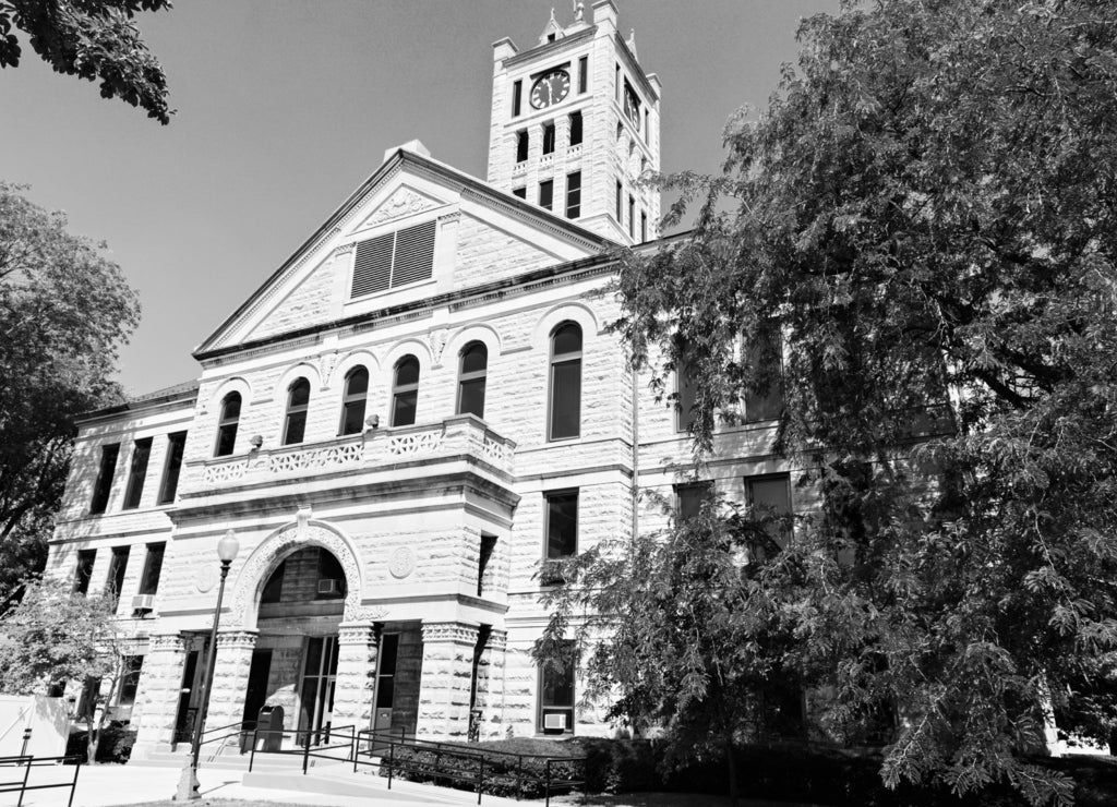 Old courthouse in Taylorville Illinois in black white