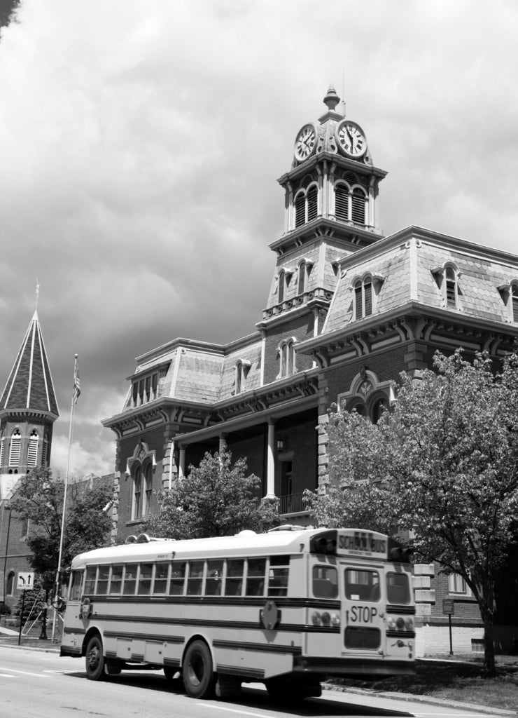 School bus in Medina, Ohio in black white