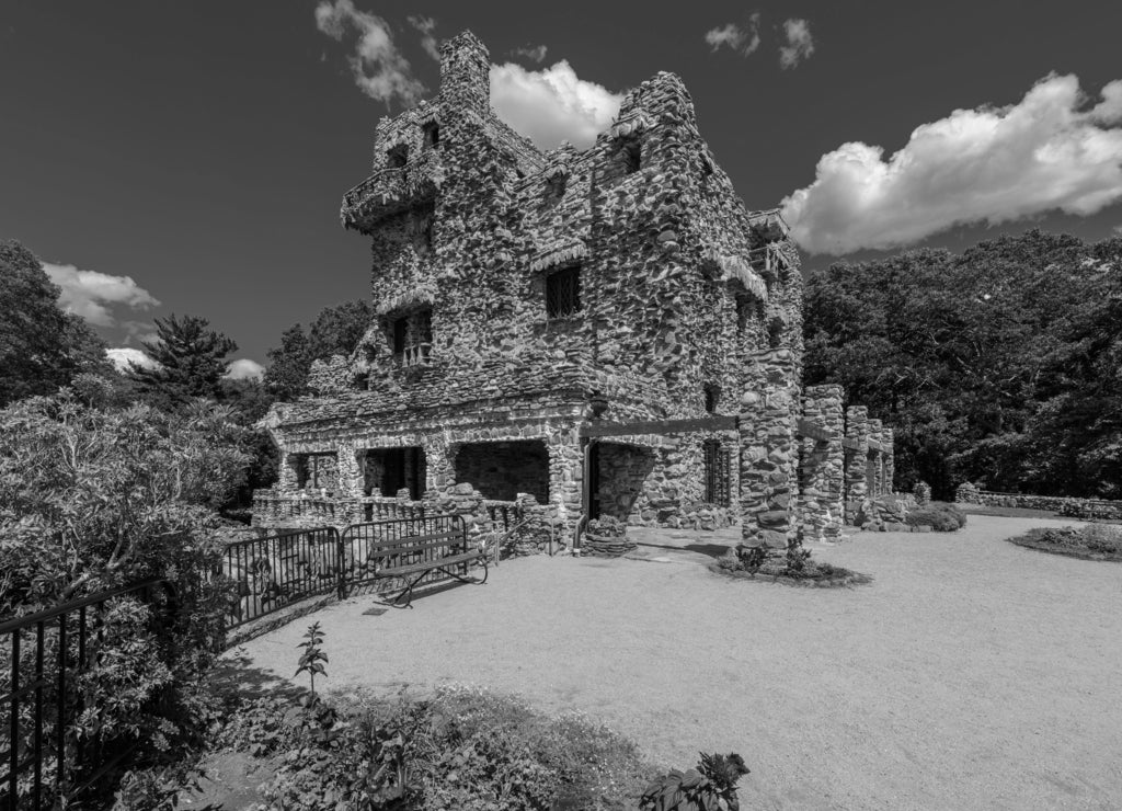 Gillette Castle State Park, East Haddam, Connecticut in black white