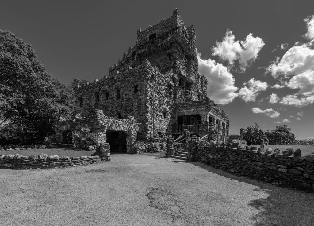 Gillette Castle State Park, East Haddam, Connecticut in black white