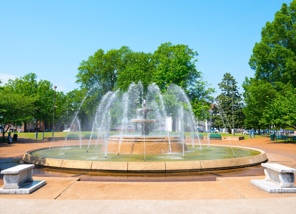 Wilson Park Fountain Downtown Florence Alabama Spring Sunny with Two Concrete Benches on either Side