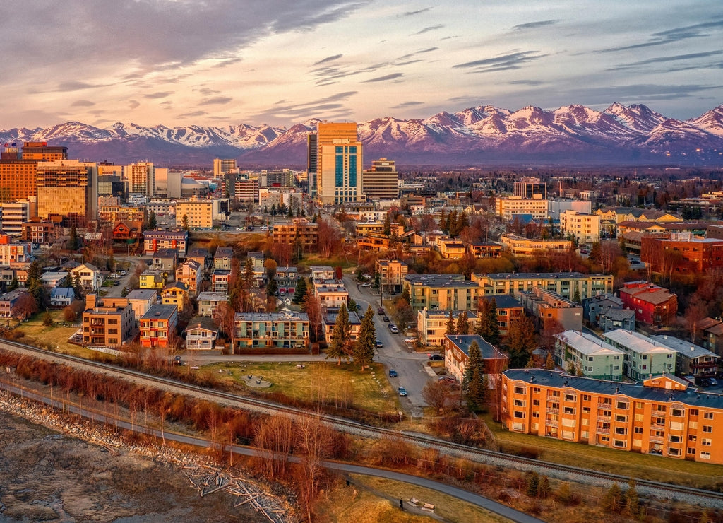 Aerial View of a Sunset over Downtown Anchorage, Alaska in Spring