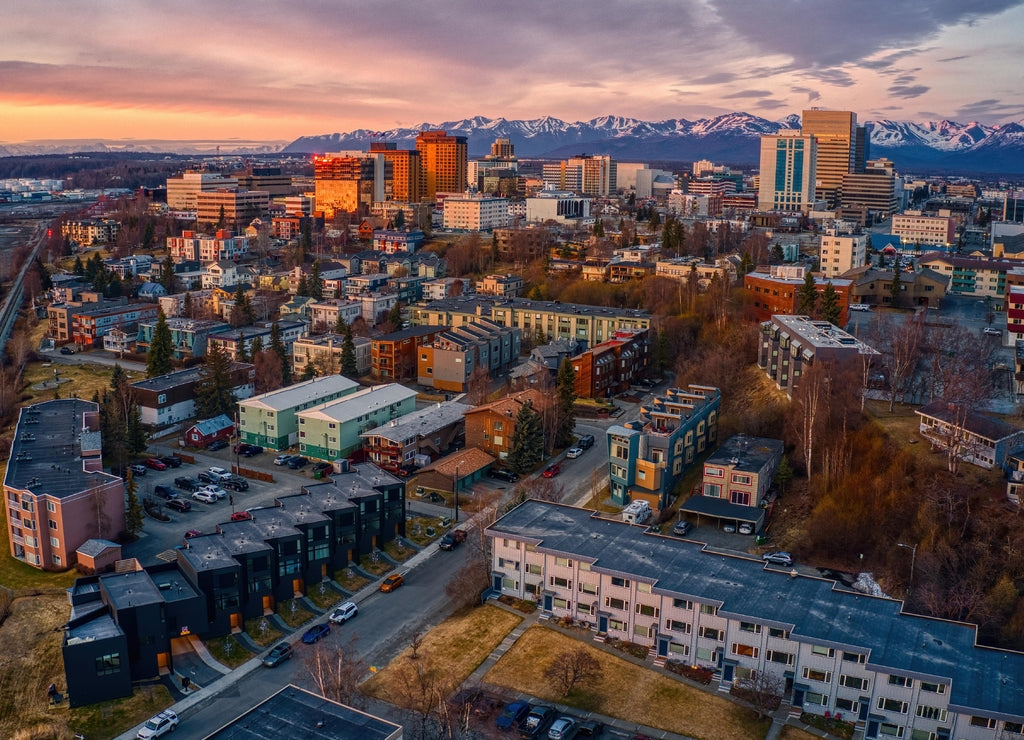 Aerial View of a Sunset over Downtown Anchorage, Alaska in Spring