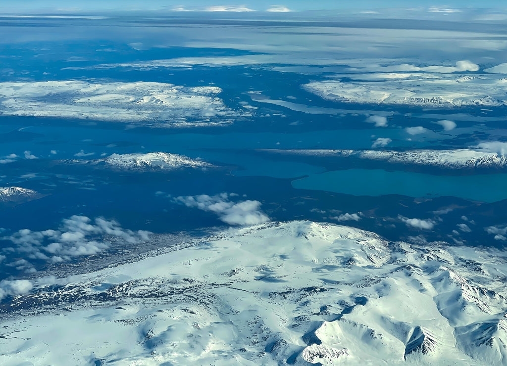 High altitude aerial view of Katmai National Park, Alaska, USA during early Spring