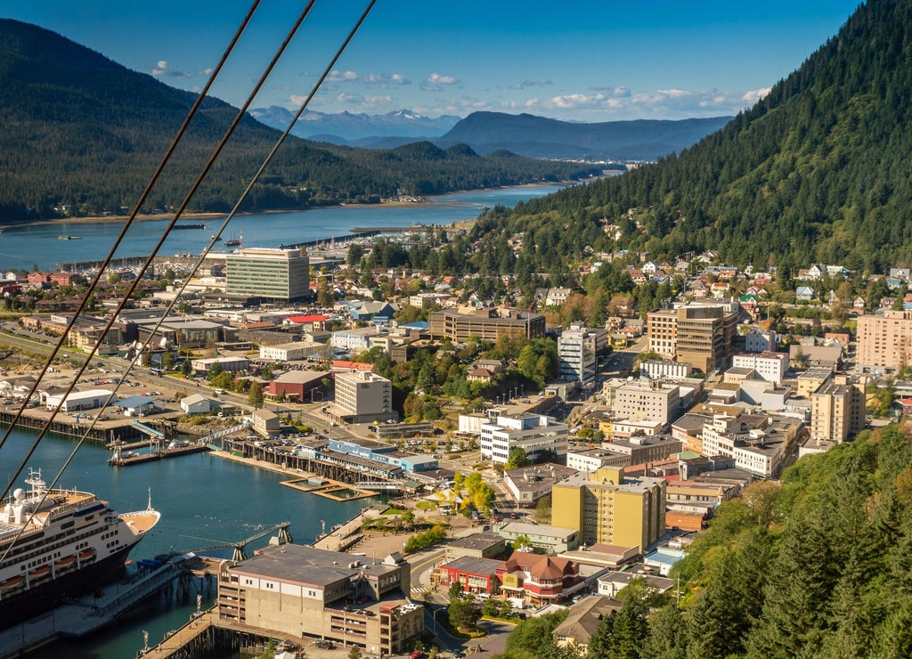 City of Juneau and cruise ship port from Mount Roberts tram. Juneau, Alaska, USA