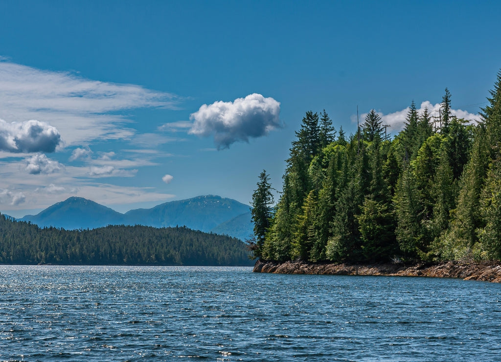 Ketchikan, Alaska, USA: Blue cloudscape above landscape of green forests on island shorelines behind blue ocean water. Tall mountains on horizon