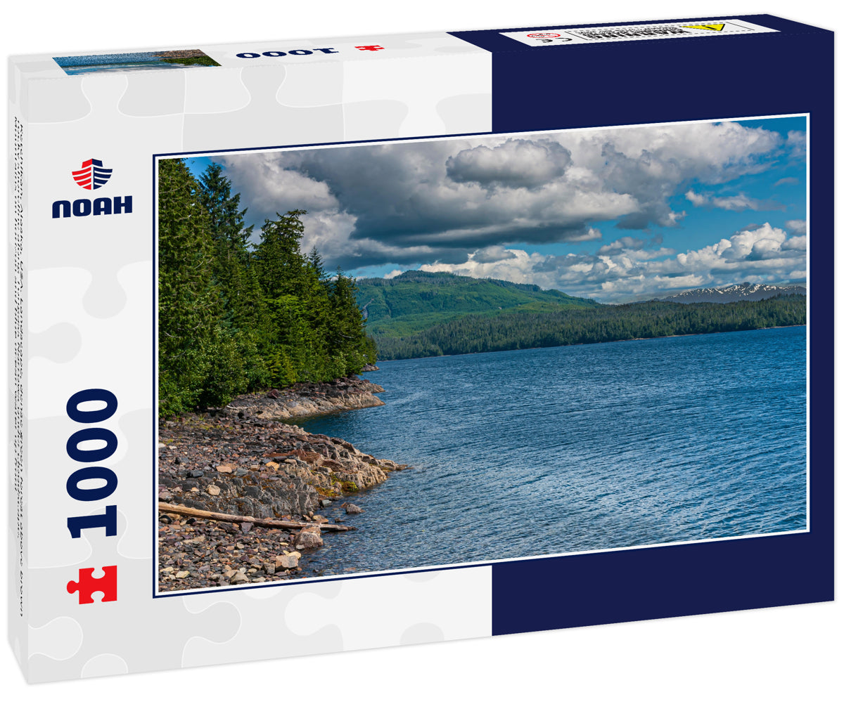 Ketchikan, Alaska, USA: Landscape, dense green forest above brown rocky shoreline along Tongass Narrows under cloudscape. Mountains on horizon and blue ocean water up front