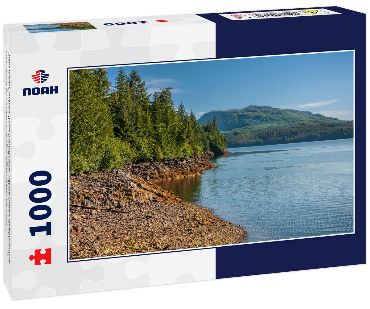 Ketchikan, Alaska, USA: Landscape, dense green forests above brown rocky shoreline along Tongass Narrows under blue sky. Mountains on horizon and blue ocean water up front