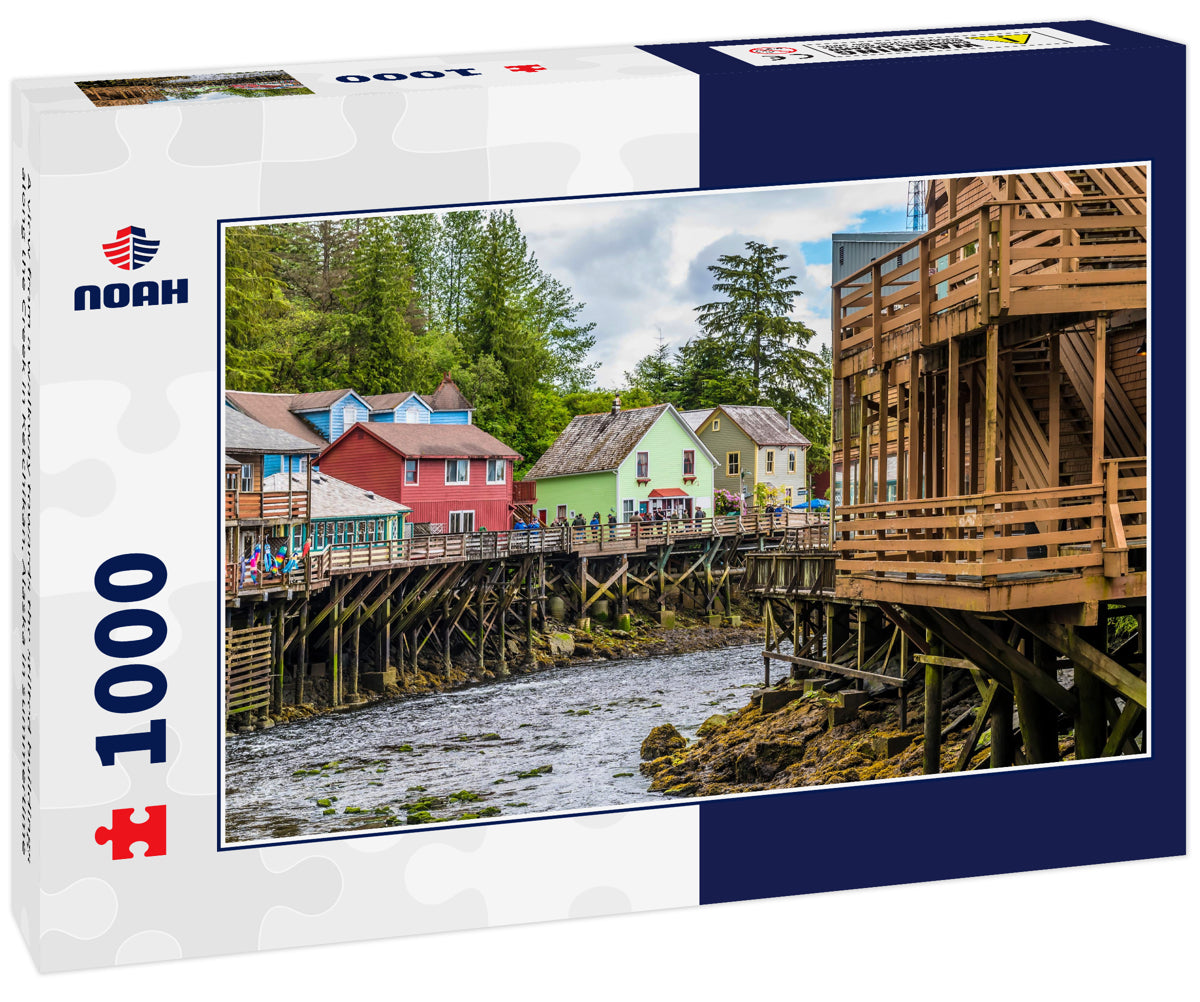 A view from a walkway towards the stilted buildings along the Creek in Ketchikan, Alaska in summertime