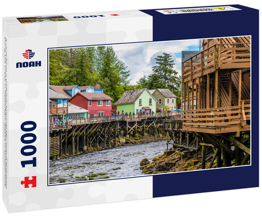 A view from a walkway towards the stilted buildings along the Creek in Ketchikan, Alaska in summertime