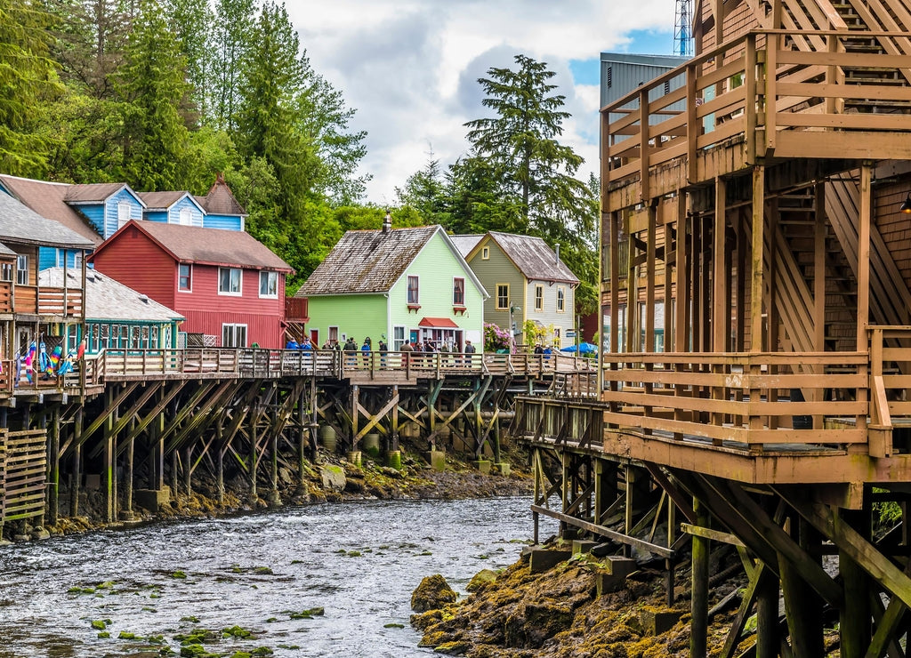 A view from a walkway towards the stilted buildings along the Creek in Ketchikan, Alaska in summertime