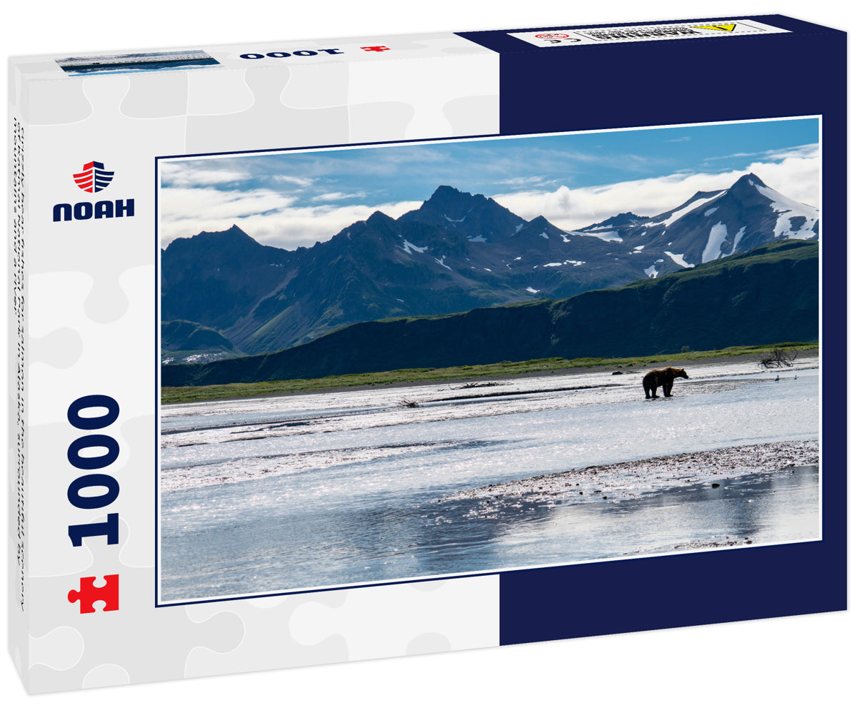 Grizzly bear fishes for salmon in the beautiful scenery of Katmai National Park in Alaska, surrounded by mountains and a river