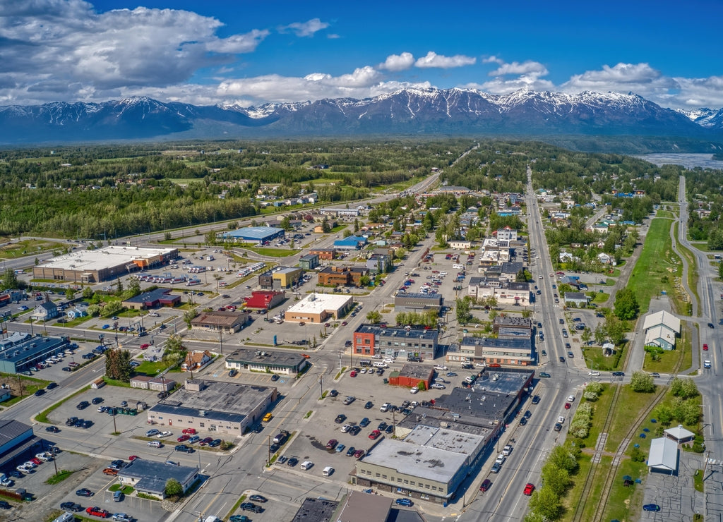 Aerial View of Downtown Palmer, Alaska during Summer