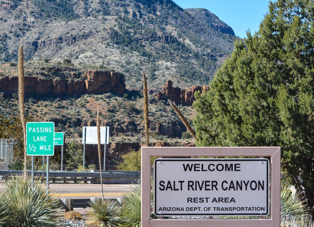 Salt River Canyon Rest Area Sign at Salt River in Gila County, Arizona USA