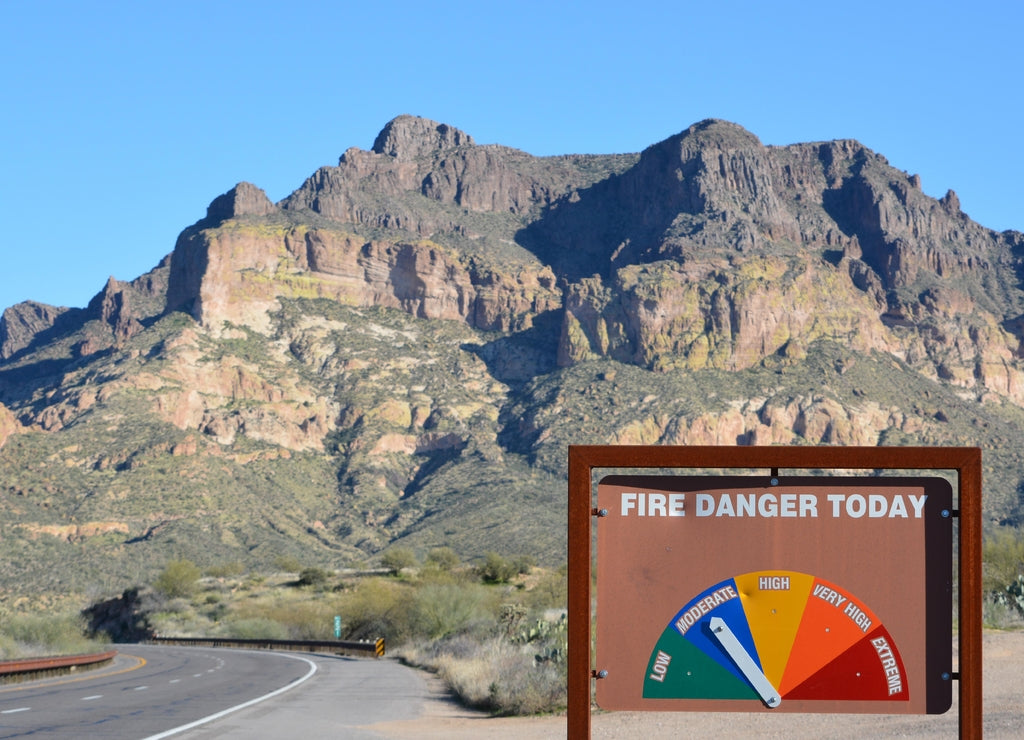 Fire Danger Today Sign, on Picket Post Mountain Trail at Picket Post Mountain in Tonto National Forest. Pinal County, Arizona USA