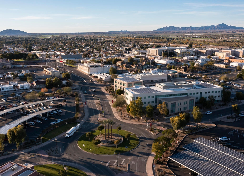 Sunset aerial view of the downtown cityscape of Yuma, Arizona