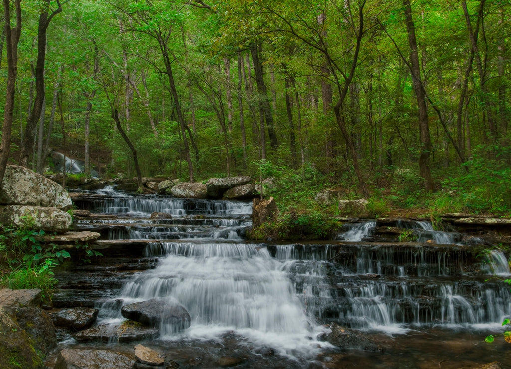 Long exposure of a waterfall on the Collins Creek Trail in Heber Springs, Arkansas
