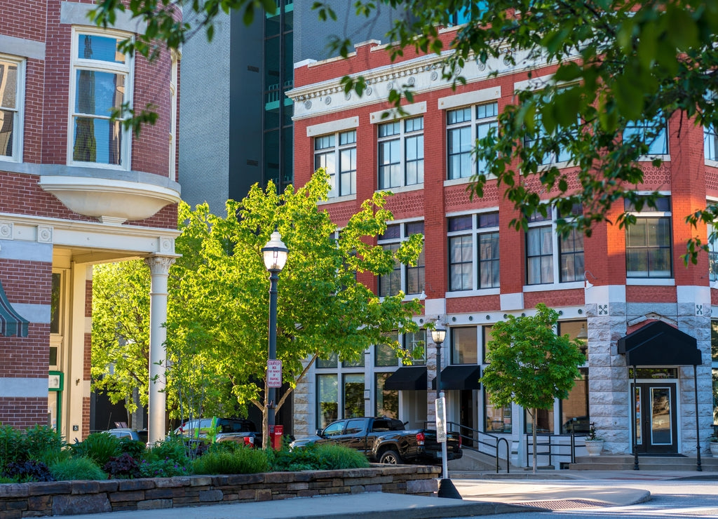 Building facade at sunset view, historical square downtown Fayetteville, Northwest Arkansas