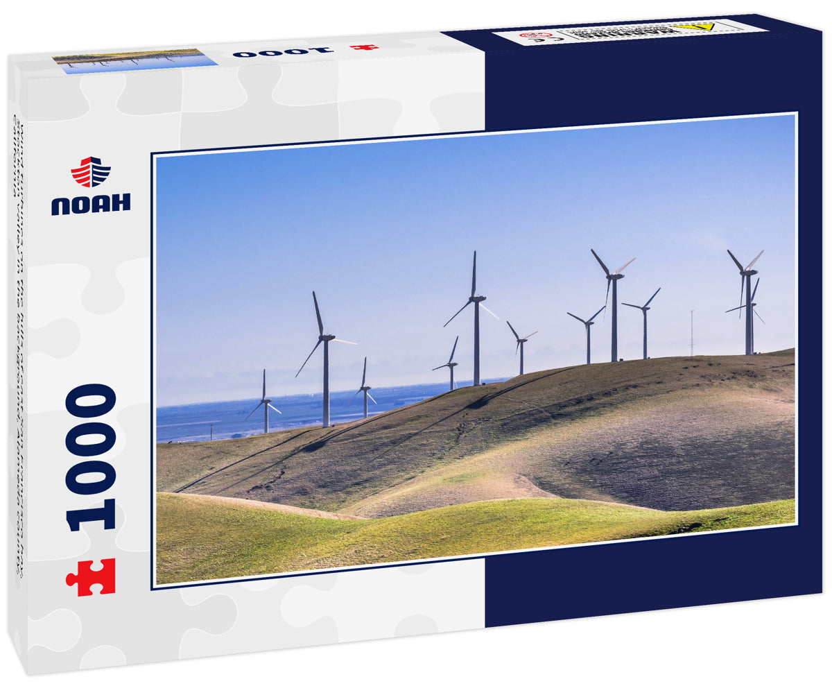 Wind turbines on the hills of east San Francisco bay, Stockton valley in the background, Alameda county, California