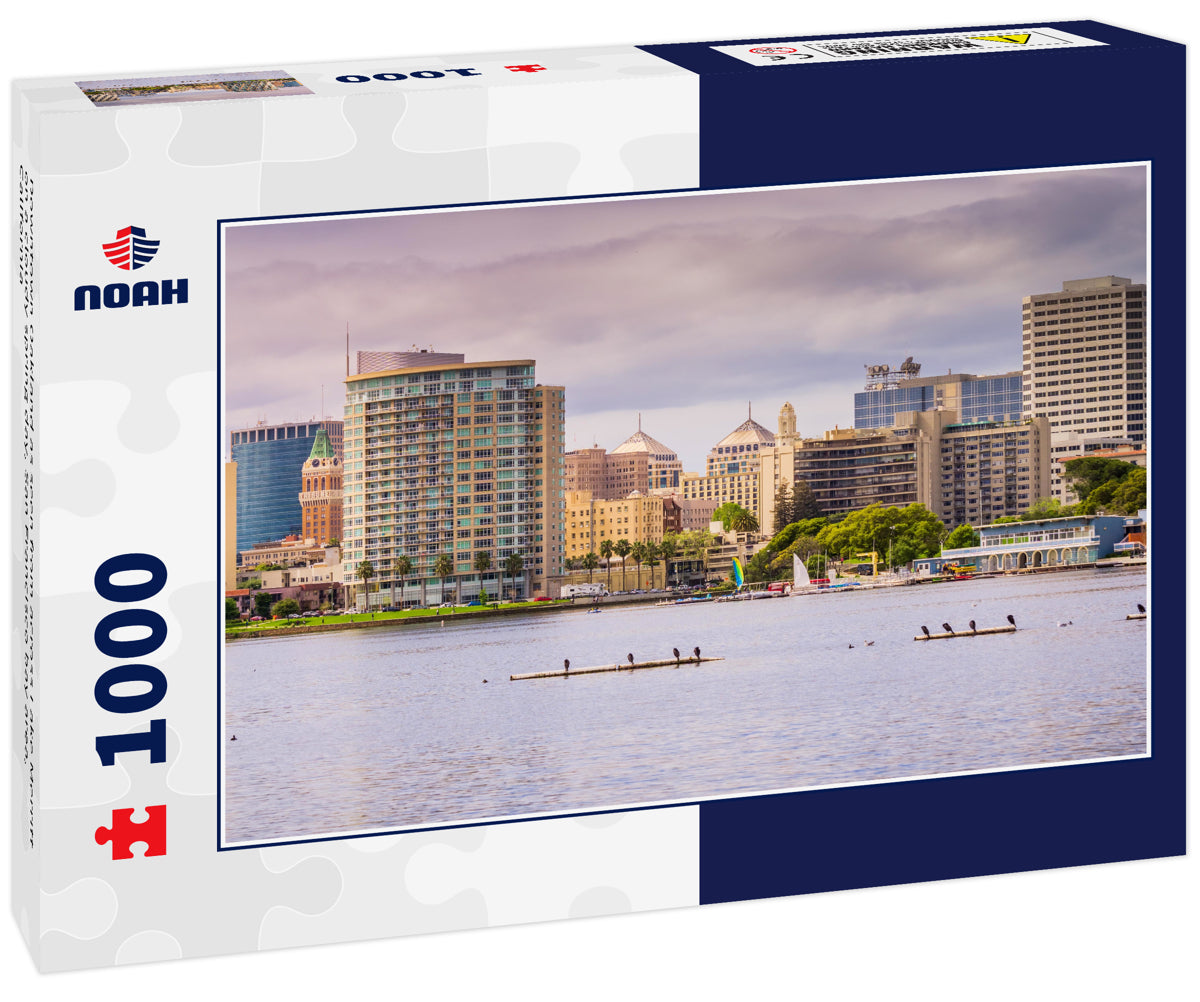 Downtown Oakland as seen from across Lake Merritt on a cloudy spring day, San Francisco bay area, California