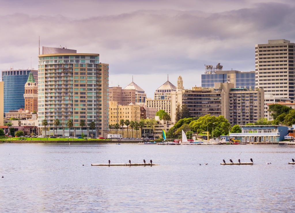 Downtown Oakland as seen from across Lake Merritt on a cloudy spring day, San Francisco bay area, California
