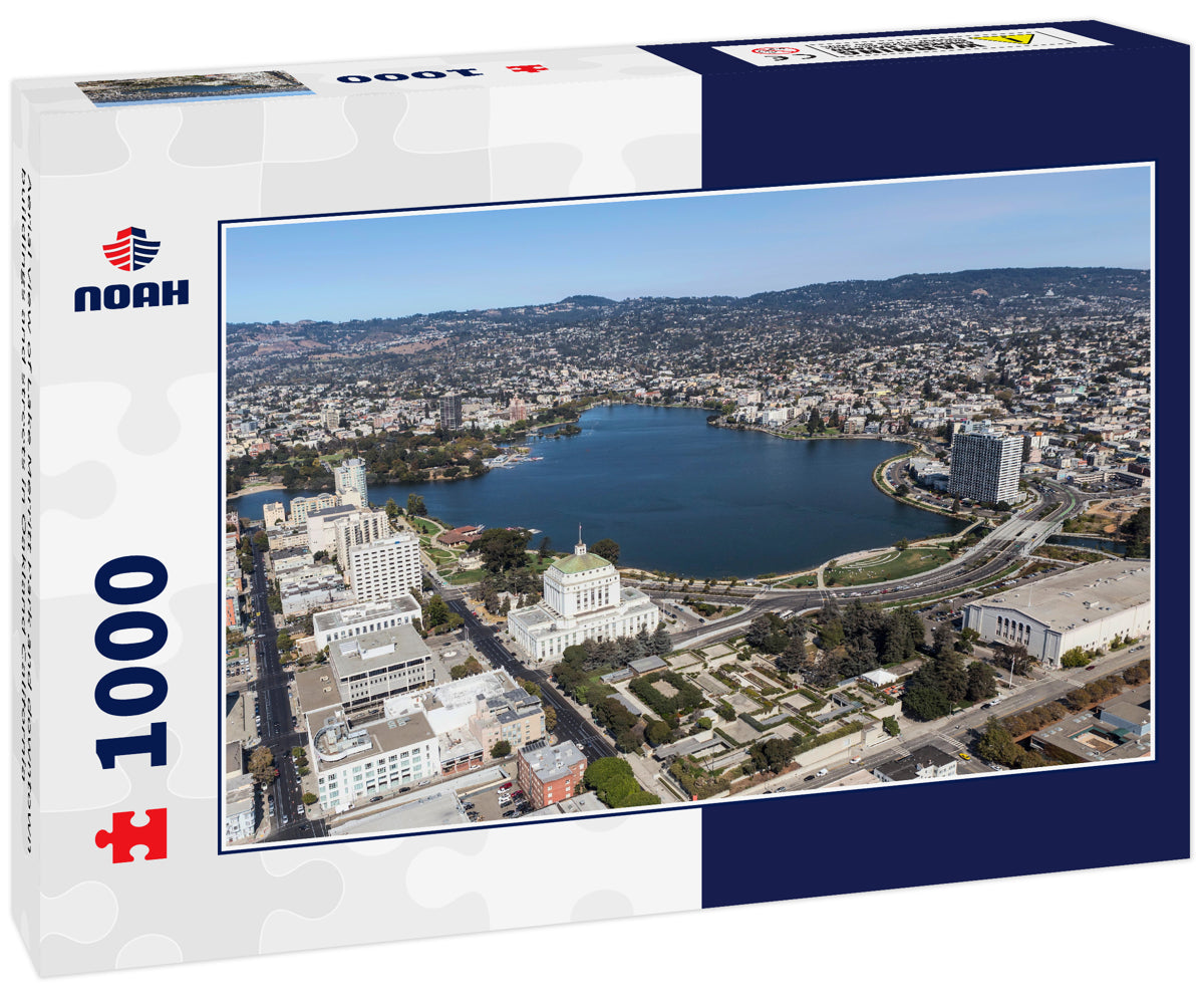 Aerial view of Lake Merritt Park and downtown buildings and streets in Oakland California