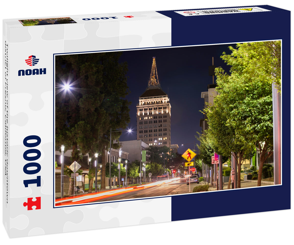Twilight view of the historic downtown district of Fresno, California, USA