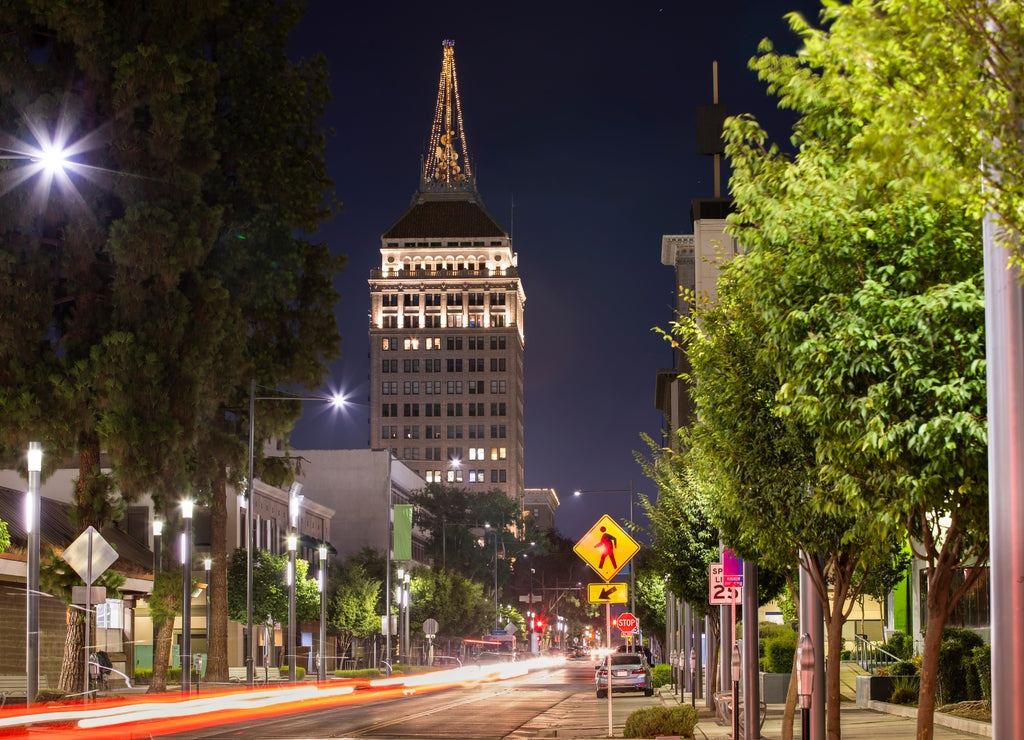 Twilight view of the historic downtown district of Fresno, California, USA