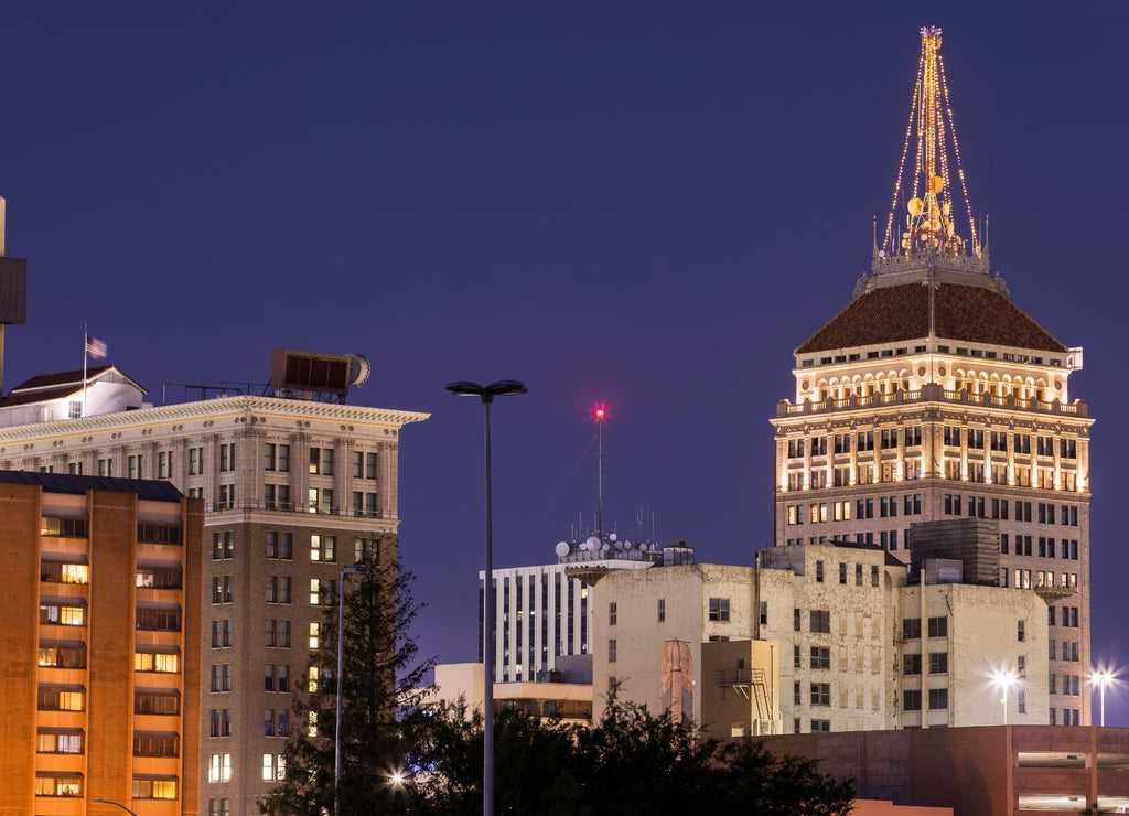 Twilight view of the historic downtown district of Fresno, California, USA