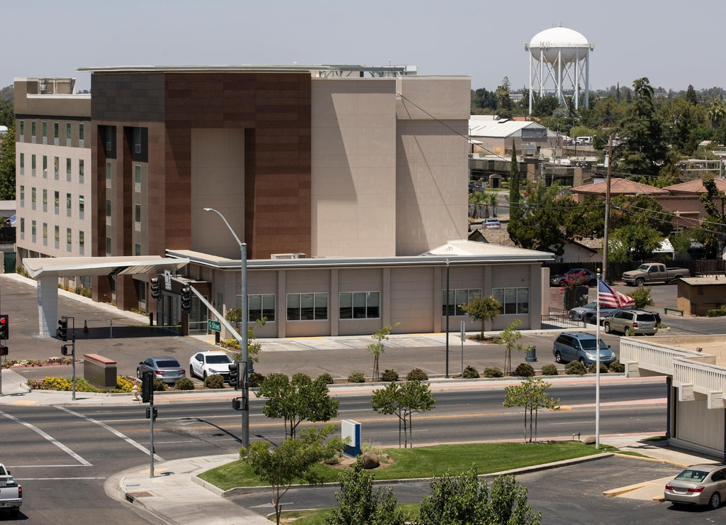 Daytime view of the urban core of downtown Madera, California, USA